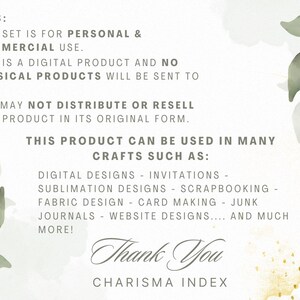May include: Digital product information sheet with text about personal and commercial use, digital designs, invitations, and more. The background is a soft watercolor wash with leafy accents and gold flecks.