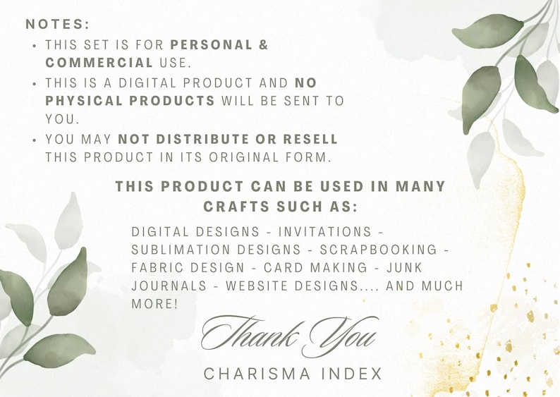 May include: Digital product information sheet with text about personal and commercial use, digital designs, invitations, and more. The background is a soft watercolor wash with leafy accents and gold flecks.