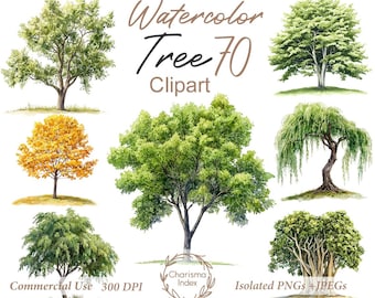 Watercolor Tree Clipart Bundle, 70 Forest PNG Trees, Sublimation Designs, Forest Tree Nature Clipart, Digital Download - Commercial Use