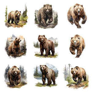 May include: Nine watercolor illustrations of brown bears in various poses, set against a backdrop of lush green trees and mountains. The bears are depicted in a realistic style, with detailed fur and expressive faces.