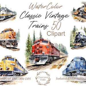 May include: A set of 50 watercolor illustrations of vintage trains. The trains are in various colors, including red, blue, yellow, and green. The illustrations are perfect for scrapbooking, card making, and other craft projects.