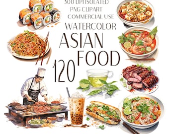 Asian Food Clip Art PNG Bundle - 120 Asian Dishes Watercolor PNGs - Watercolor Asian Food clipart, Sushi, teppanyaki, Ramen - Commercial Use