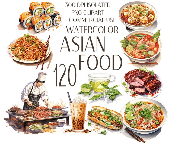Asian Food Clip Art PNG Bundle - 120 Asian Dishes Watercolor PNGs - Watercolor Asian Food clipart, Sushi, teppanyaki, Ramen - Commercial Use