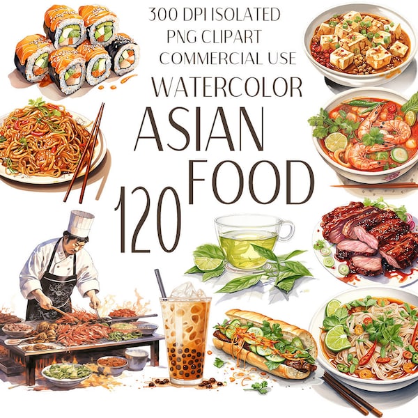 Asian Food Clip Art PNG Bundle - 120 Asian Dishes Watercolor PNGs - Watercolor Asian Food clipart, Sushi, teppanyaki, Ramen - Commercial Use