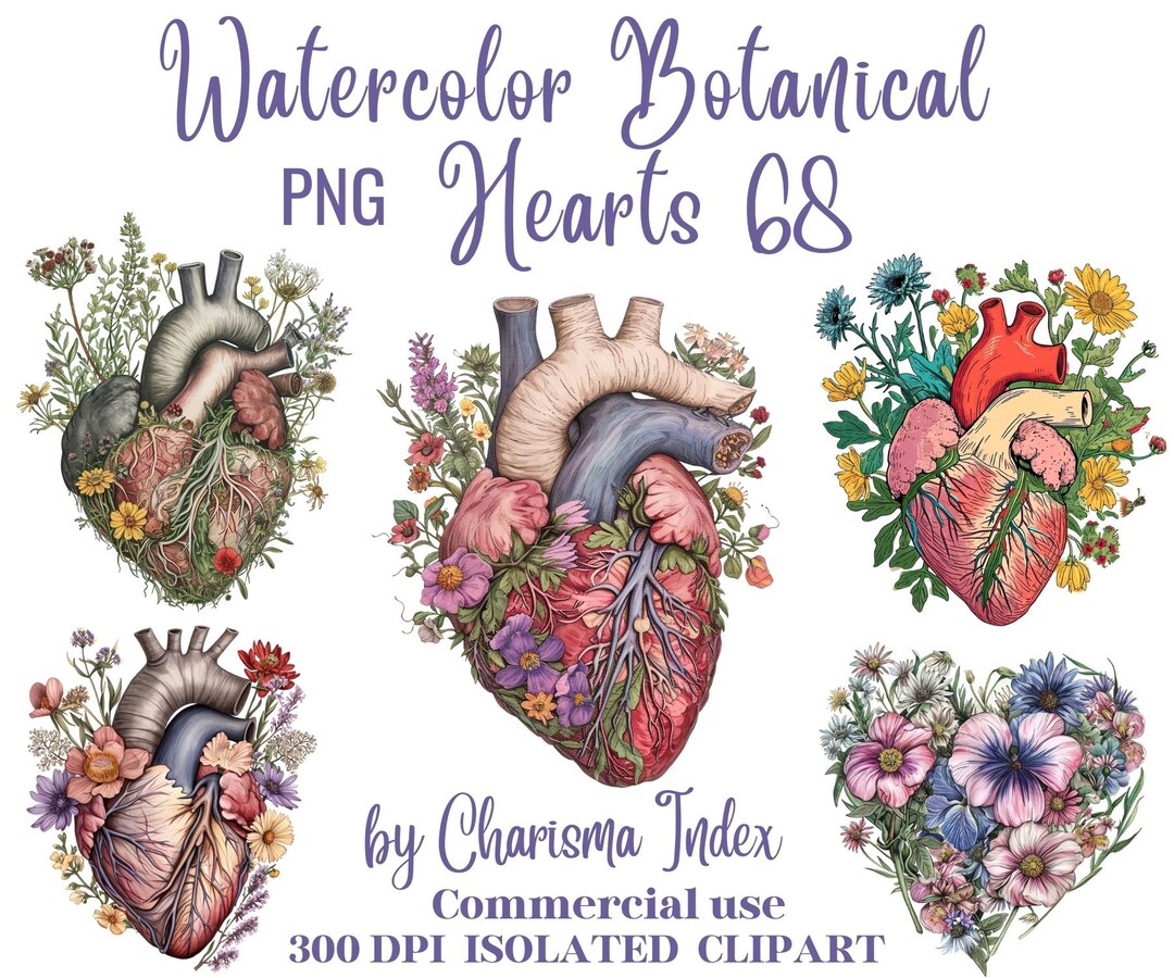 Botanical Heart Watercolor Pngs - 68 Floral Hearts Cliparts - Valentine ...