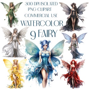 Magical Fairy Watercolor PNG set, Enchanting Set of 9 Fairy Clipart Bundle, fairy Sublimation Designs, Mythical Fairy art , Commercial Use
