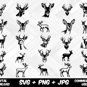May include: A set of 20 black and white silhouette images of deer heads and full body deer. The images are perfect for crafting projects, scrapbooking, and digital design.