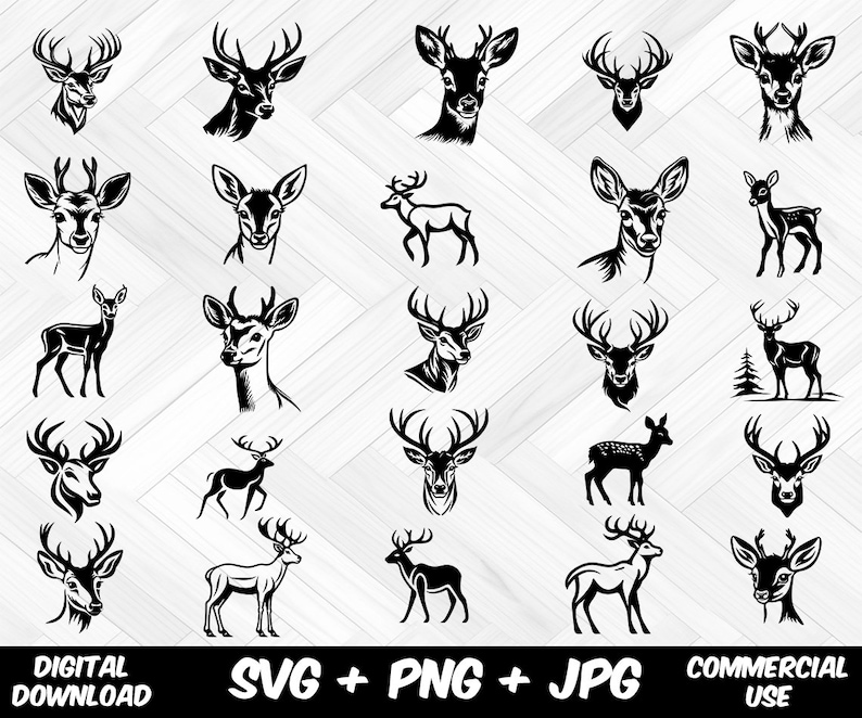 May include: A set of 20 black and white silhouette images of deer heads and full body deer. The images are perfect for crafting projects, scrapbooking, and digital design.