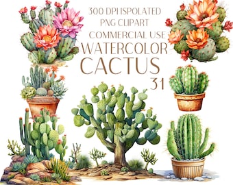 Watercolor Cactus Clipart PNG set, Cactus Clip art Bundle, Desert cactus Sublimation Designs, cactus tree Clipart Design, Commercial Use