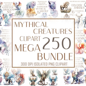 Mythical Creatures 250 Clipart Mega Bundle, Fantasy world Clipart Designs, Dragon, Phoenix, Wolf, Fairy, Chimera, Griffin, Pegasus, Gnomes