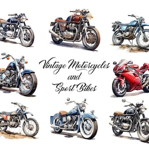 Puede incluir: Una colecci&oacute;n de motocicletas vintage y motos deportivas, incluyendo una motocicleta azul y cromada, una moto deportiva roja y negra, una motocicleta azul y blanca y una motocicleta verde y cromada. La imagen tambi&eacute;n incluye el texto "Vintage Motorcycles and Sport Bikes".