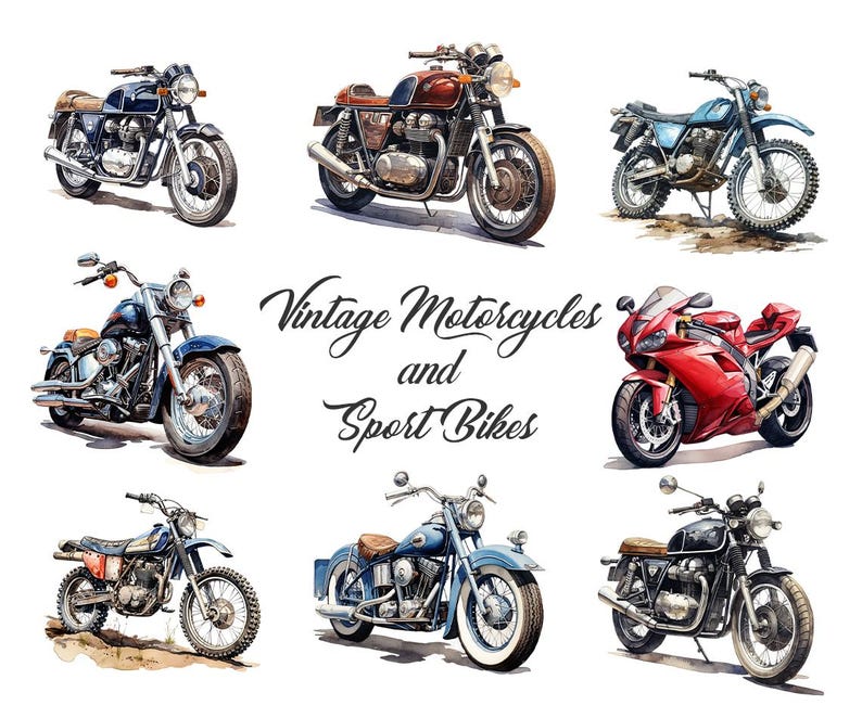 Puede incluir: Una colecci&oacute;n de motocicletas vintage y motos deportivas, incluyendo una motocicleta azul y cromada, una moto deportiva roja y negra, una motocicleta azul y blanca y una motocicleta verde y cromada. La imagen tambi&eacute;n incluye el texto "Vintage Motorcycles and Sport Bikes".