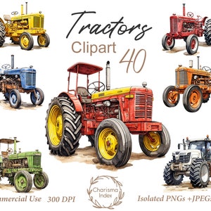 Könnte beinhalten: Ein Set mit 40 Traktor-Clipart-Bildern. Die Traktoren sind in verschiedenen Farben, darunter Rot, Gelb, Blau, Grün und Orange. Die Traktoren sind alle in verschiedenen Posen, einige fahren, einige stehen still und einige ziehen einen Pflug. Das Clipart ist perfekt für den Einsatz in digitalem Scrapbooking, Kartenherstellung und anderen Bastelprojekten.