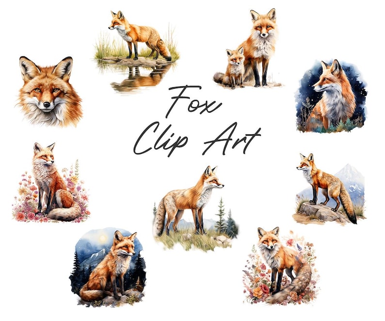 May include: Watercolor illustrations of foxes in various poses. The image includes a close-up of a fox's face, a fox standing near water, and foxes in natural settings. The text "Fox Clip Art" is written in cursive.