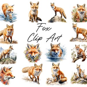 May include: A collection of watercolor fox clip art images. The foxes are depicted in various poses, including standing, running, and sitting. Some are surrounded by flowers or water. The text "Fox Clip Art" is written in cursive.
