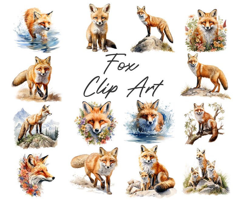 May include: A collection of watercolor fox clip art images. The foxes are depicted in various poses, including standing, running, and sitting. Some are surrounded by flowers or water. The text "Fox Clip Art" is written in cursive.