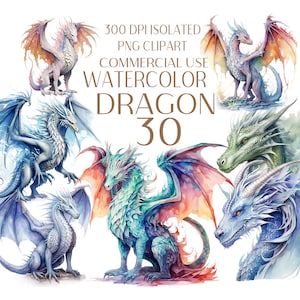 Majestic Dragon watercolor PNG set, Mythical Dragon of 30 Clipart Bundle, Dragon sublimation designs, dragon collection art , Commercial Use