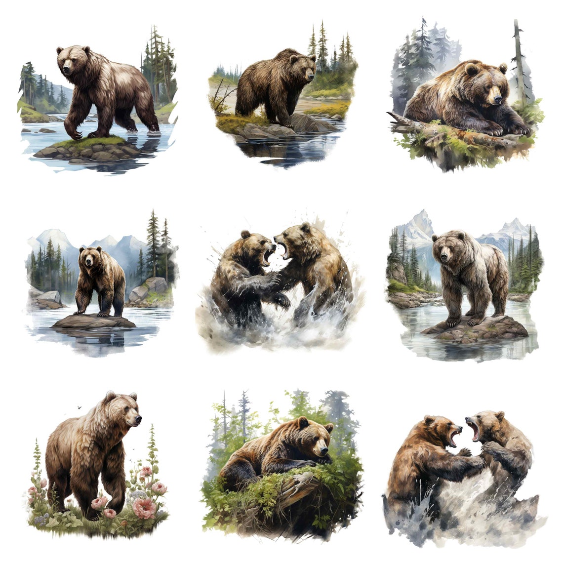 Watercolor Grizzly Bear PNG, Bear Clipart Bundle, Bear Sublimation ...