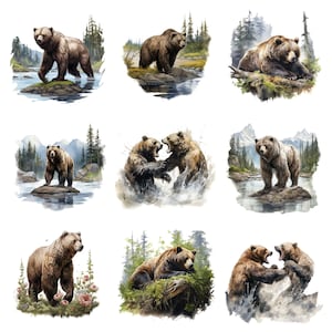 May include: Nine watercolor paintings of brown bears in various poses and settings. Some bears are standing, some are sitting, and some are fighting. The bears are all in natural settings, such as forests and rivers.