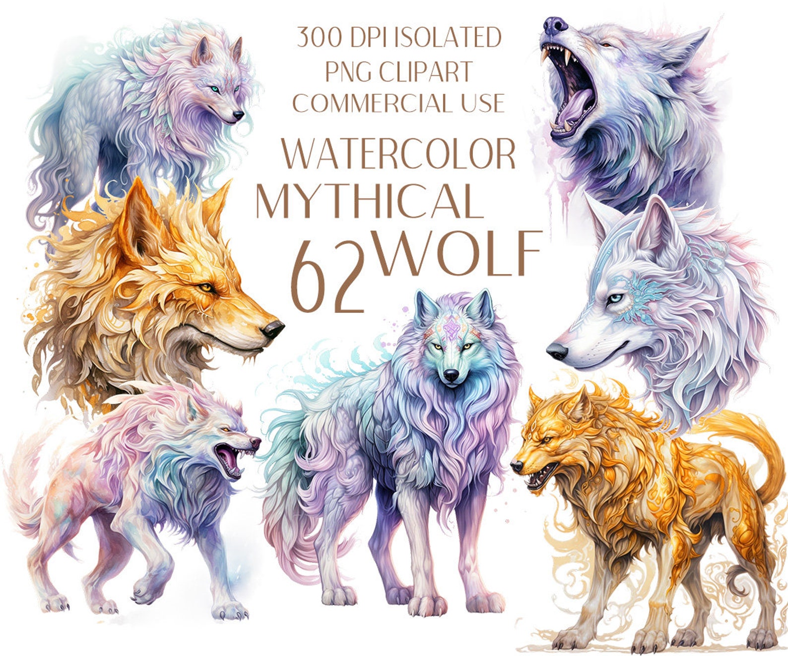 Mythical Wolf Watercolor PNG Set, Majestic Wolf Clipart Bundle, Howling ...