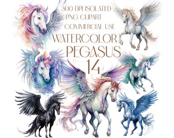 May include: A set of 14 watercolor illustrations of Pegasus, a mythical winged horse. The illustrations feature different colors and poses, including a black Pegasus with dark wings, a white Pegasus with white wings, and a Pegasus with iridescent wings.