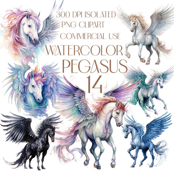 Pegasus watercolor PNG set, Majestic Pegasus of 14 Clipart Bundle, Pegasus sublimation designs, pegasus collection art , Commercial Use