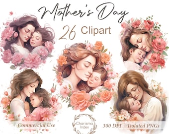 Moederdag aquarel clipart bundel-26 hartverwarmende moeder & kind illustratie PNGs-liefdevolle moederschap kunst, commercieel gebruik