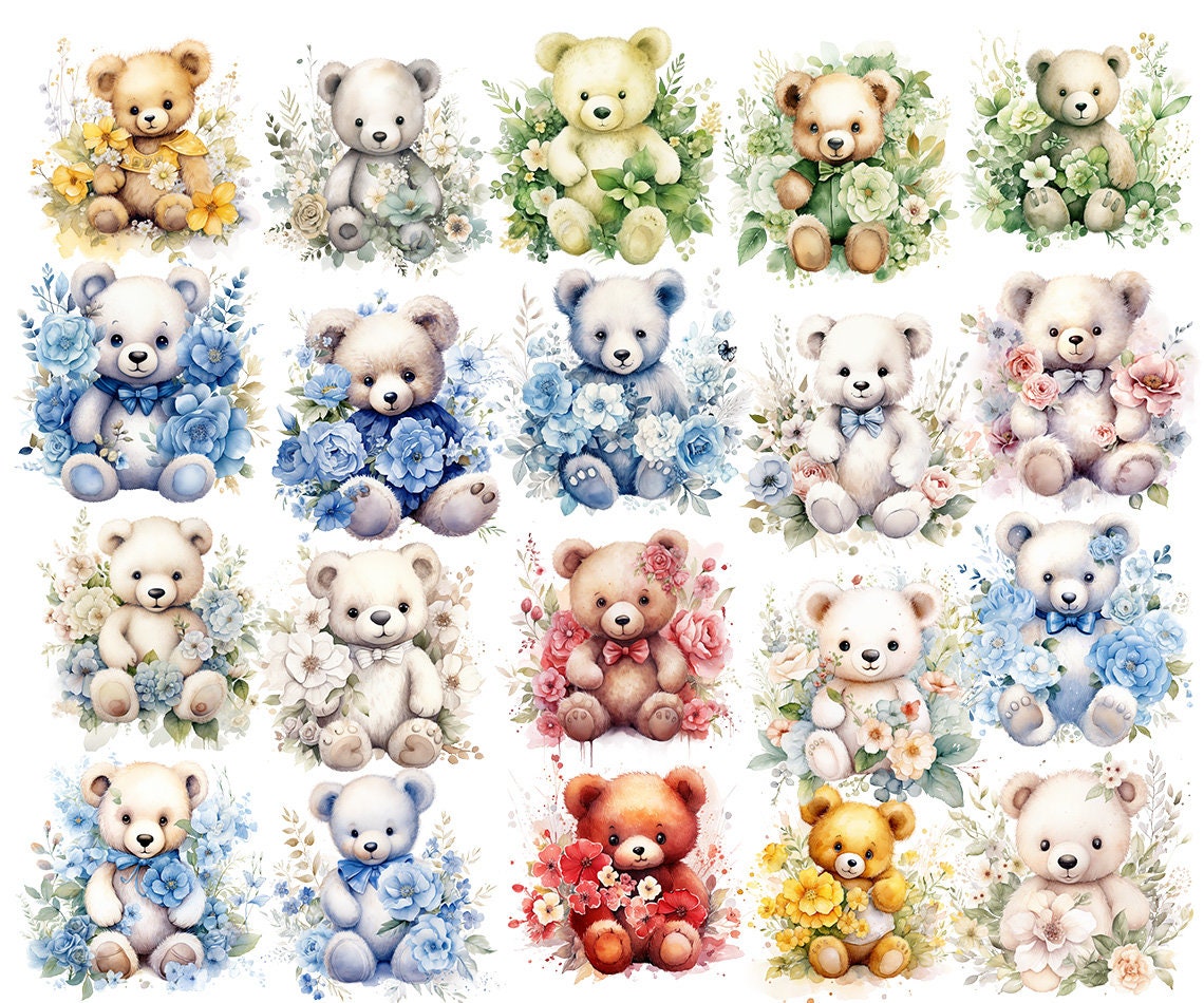 Floral Teddy Bear PNG Clipart Bundle 90 Watercolor Teddy Bear With ...