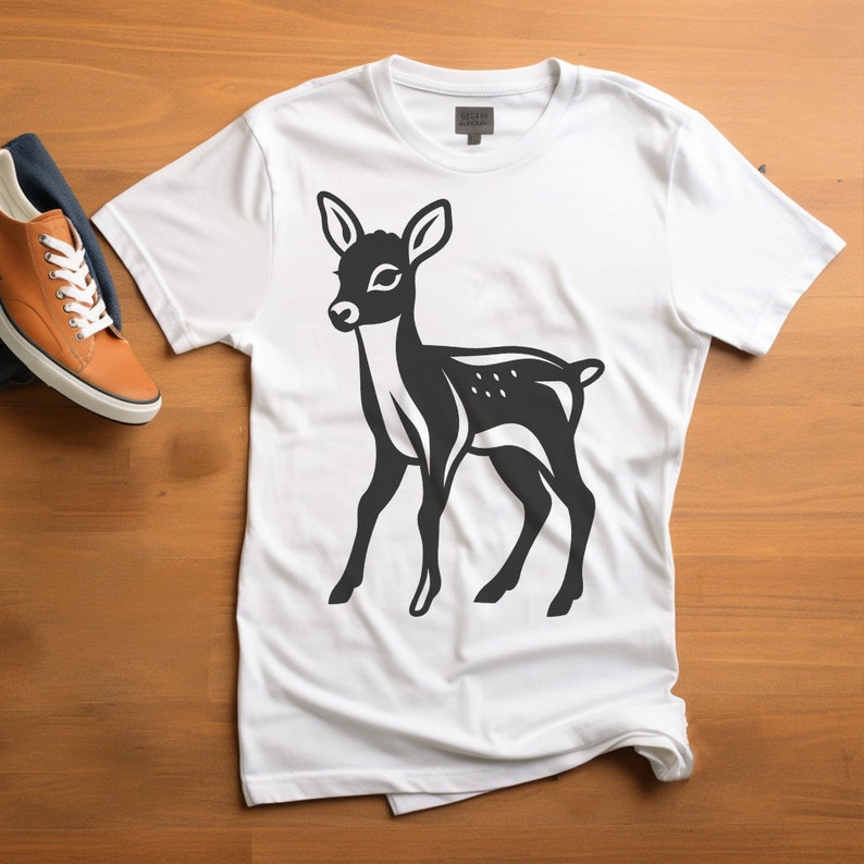 May include: White t-shirt with a black silhouette of a deer on the front.