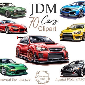 水彩 JDM 車 70 PNG、日本のチューニング車両クリップアート バンドル、ストリート レーサー カー昇華デザイン、デジタル ダウンロード、商用利用