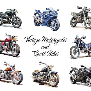 Puede incluir: Una colecci&oacute;n de motocicletas vintage y motos deportivas, incluyendo una moto deportiva azul, una moto de cross negra y verde, una motocicleta vintage roja, una moto cruiser negra y plateada, una moto deportiva negra y una motocicleta vintage marr&oacute;n.