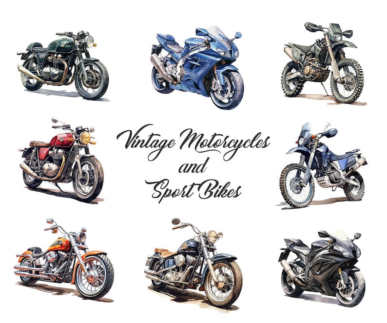 Puede incluir: Una colecci&oacute;n de motocicletas vintage y motos deportivas, incluyendo una moto deportiva azul, una moto de cross negra y verde, una motocicleta vintage roja, una moto cruiser negra y plateada, una moto deportiva negra y una motocicleta vintage marr&oacute;n.