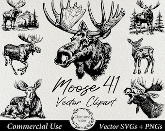 Vector Moose 41 SVGs, Moose Deer Clipart Bundle, Retro Moose Sublimation Designs, Vintage Moose Digital Download, Commercial use