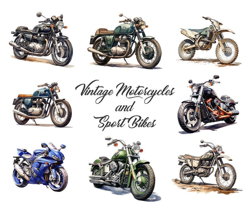 Puede incluir: Una colecci&oacute;n de motocicletas vintage y motos deportivas, incluyendo una moto deportiva azul, una motocicleta vintage verde, una chopper negra y naranja y una moto de tierra marr&oacute;n.