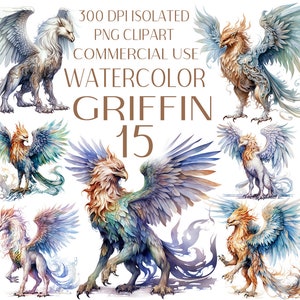 Griffin aquarelle PNG ensemble, Mythique Griffin de 15 Clipart Bundle, Griffin sublimation designs, griffin collection art , Utilisation commerciale