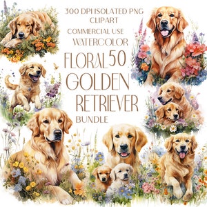 Floral Golden Retriever PNG Clipart Bundle - 50 Golden Retriever de acuarela con flores - Cachorro lindo, Retratos de perros - Uso comercial