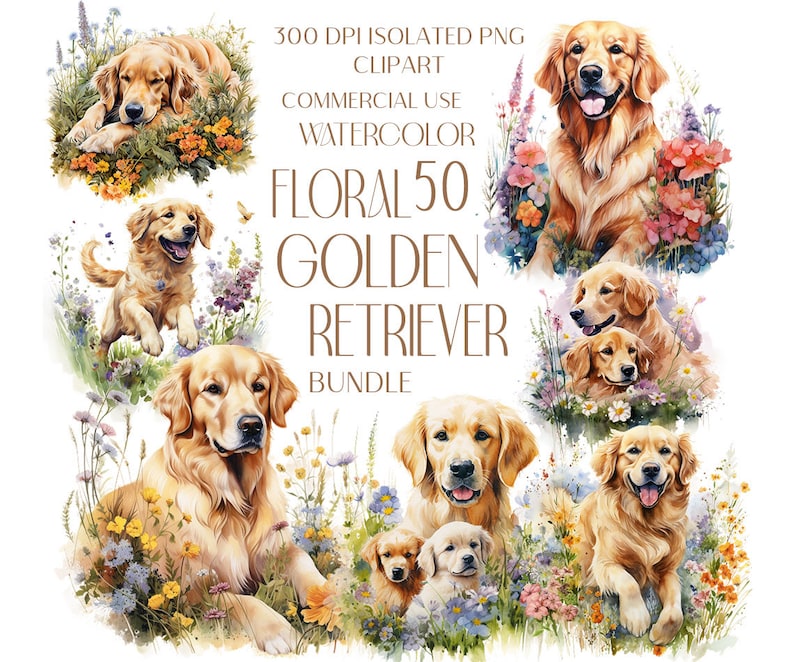 May include: Watercolor clipart bundle featuring multiple Golden Retrievers amidst colorful floral arrangements. The dogs are depicted in various poses, surrounded by flowers and greenery. Text reads "Floral 50 Golden Retriever Bundle".