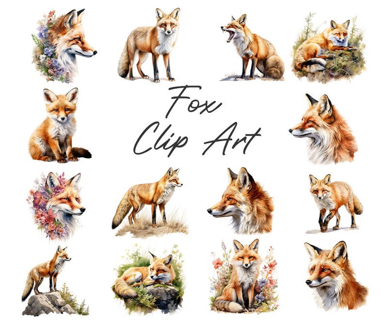 May include: A collection of watercolor fox clip art images. The foxes are depicted in various poses, with orange and white fur. Some images include floral accents and natural settings. The text "Fox Clip Art" is written in cursive.