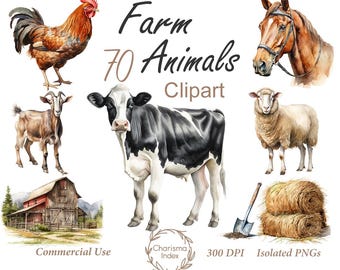 Aquarelle animaux de la ferme PNG, Bundle de cliparts Ranch, animaux de la ferme sublimation dessins, ferme des cliparts Design en téléchargement numérique, usage Commercial