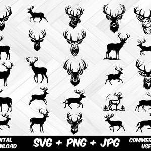May include: A set of 25 black and white silhouette SVG cut files of deer heads and full body deer. The files are for digital download and commercial use.  SVG, PNG, and JPG formats are included.