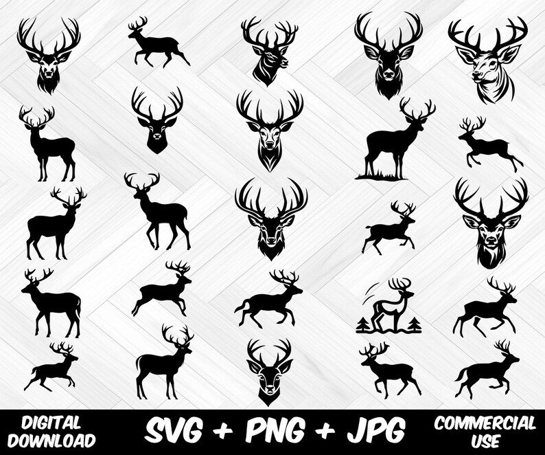 May include: A set of 25 black and white silhouette SVG cut files of deer heads and full body deer. The files are for digital download and commercial use.  SVG, PNG, and JPG formats are included.
