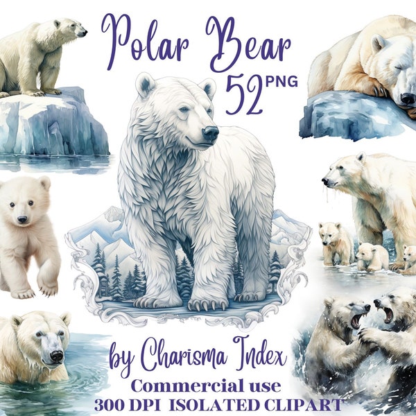 Polar Bear Watercolor PNGs, Arctic Wildlife Clip Art, Polar Bear Clipart Bundle, Polar Bear PNG Set, Polar Bear Graphic Scene Commercial Use