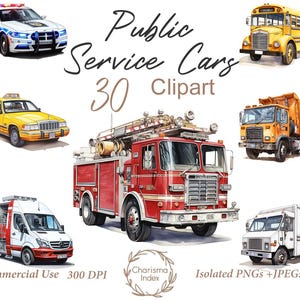 Watercolor Service Cars 30 PNG, Public Service Vehicles Clipart Bundle, Fire Trucks Sublimation Designs, Digital Download, Commercial use
