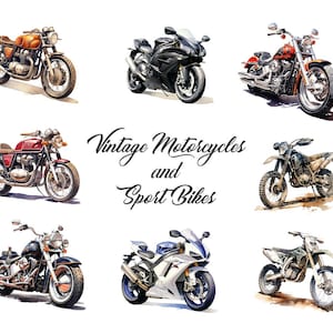 Puede incluir: Una colecci&oacute;n de motocicletas vintage y motos deportivas, incluyendo una motocicleta roja y cromada, una motocicleta negra y cromada, una moto deportiva azul y blanca, una moto de cross verde y negra y una moto cruiser negra y cromada.