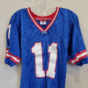 May include: Blue football jersey with white number 11 and red and white trim. The jersey has a white Apex brand label on the bottom right.