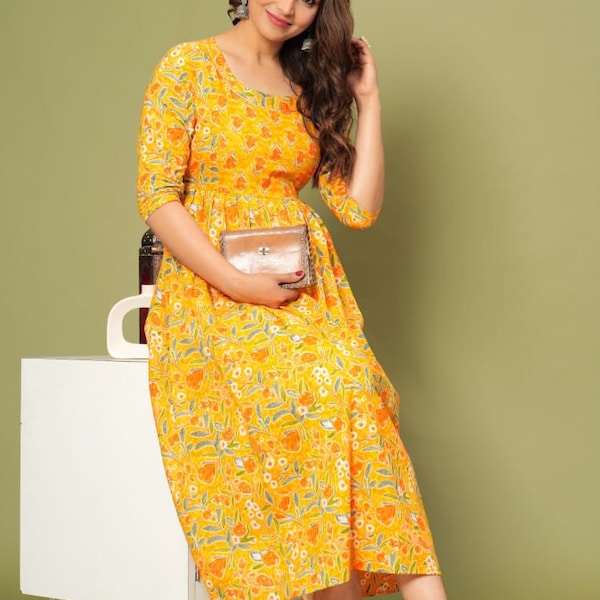 YELLOW FLORAL MATERNITY Nursing Gown, Pregnancy Dress for Woman, Zip for Baby Feeding Daily Wear Kurti, Postpartum Dress Mothers Day Gift