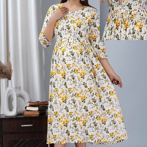 FLORAL NURSING YELLOW Gowns With Mobile Carry Pocket: The Perfect Solution for New Mothers, Convenience and Comfort During Breastfeeding