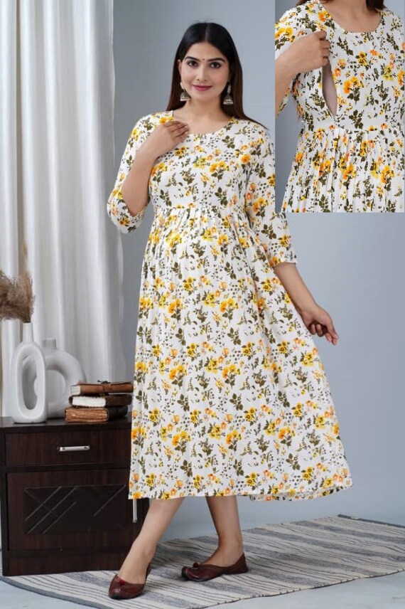 FLORAL NURSING YELLOW Gowns With Mobile Carry Pocket the Perfect
