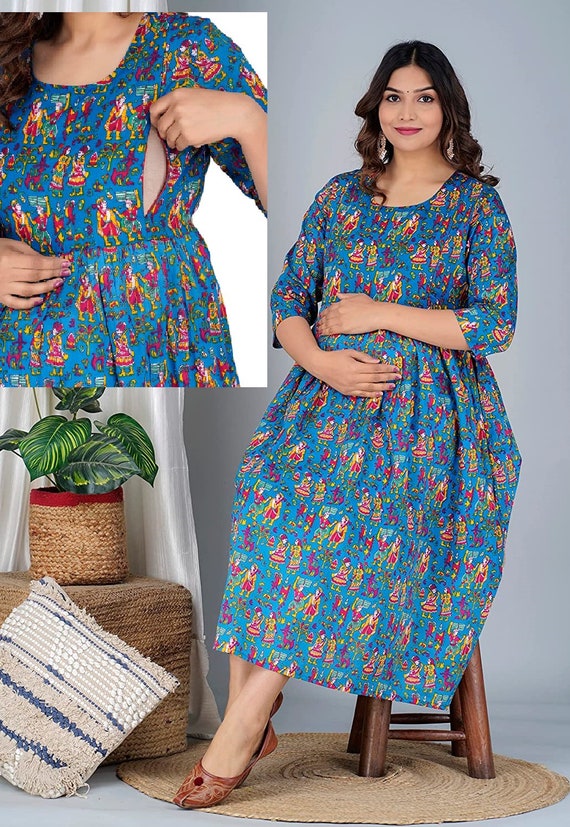 Buy Sevya 100% Cotton Indian Kaftan For Baby Feeding With Zip Maternity Nursing  Gown For Hospital Delivery, Blue, One size, Blue, One Size at Amazon.in