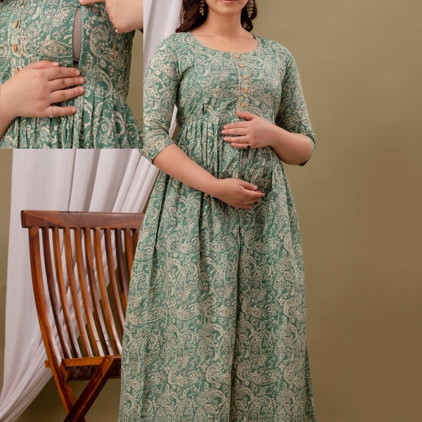 GREEN MATERNITY NURSING Pull-Over Gowns, Pregnancy Dress for Woman, Zip for Baby Feeding Daily Wear Kurti, Church Nursing for Breastfeeding